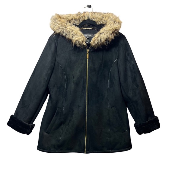 Ellen Tracy Black Faux Suede Hooded Coat Gold Zipper Faux Fur Trim Large - Picture 1 of 8